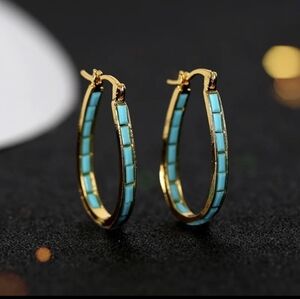 14k Gold Plated Turquoise Long Hoop Earrings